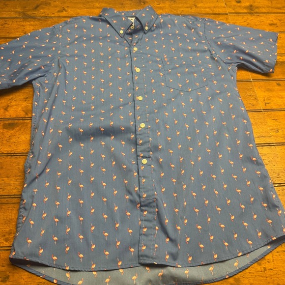 Izod Other - IZOD Mens Short Sleeve Button Down Shirt Flamingo Print Blue‎ Size L